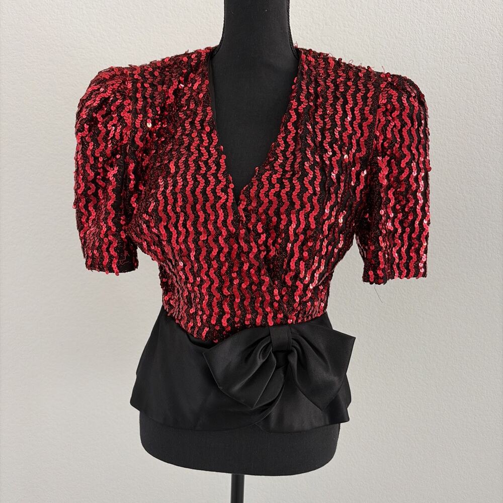 VTG 80s Barbara Chodos Michael Marcella Red Sequin Top Puffy Sleeve Bow‎ Blouse